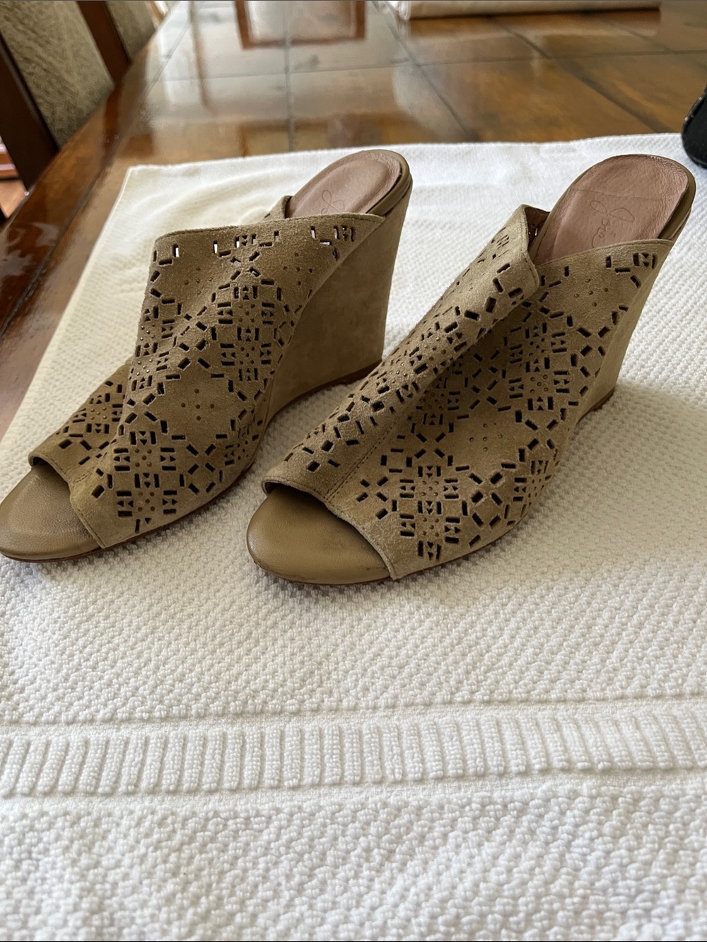 Joie Taupe Cutout Suede Wedge Mules